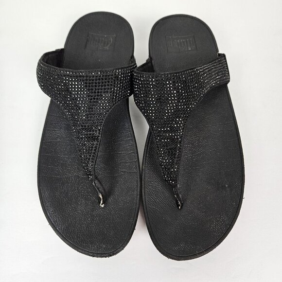 FitFlop LULU Crystal Toe-Post Platform Thong Comfort Sandal All Black 8 EJ8-090 - Picture 3 of 14